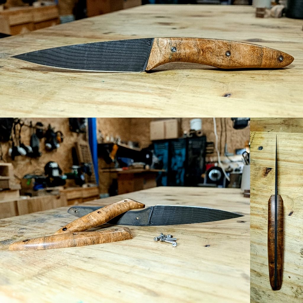 Couteau artisanal avec lame en acier VG10 damas japonais et manche en érable sycomore, visserie titane, fabriqué à la main à la Coutellerie Bermudes près de Chambéry en Savoie.
