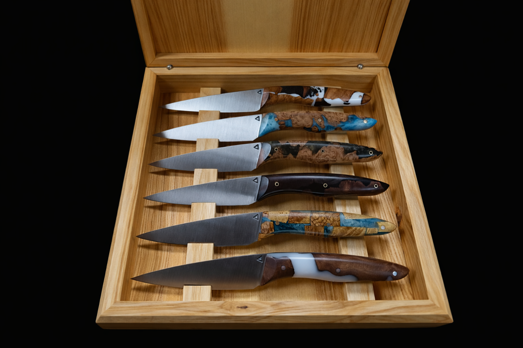 Service de six couteaux artisanaux modèle n°5 pour la table avec manches en résine et bois stabilisé et rivets personnalisés, présenté dans un coffret en bois, fabrication artisanale à la Coutellerie Bermudes près de Chambéry en Savoie.