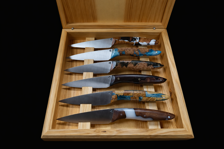 Service de six couteaux artisanaux modèle n°5 pour la table avec manches en résine et bois stabilisé et rivets personnalisés, présenté dans un coffret en bois, fabrication artisanale à la Coutellerie Bermudes près de Chambéry en Savoie.