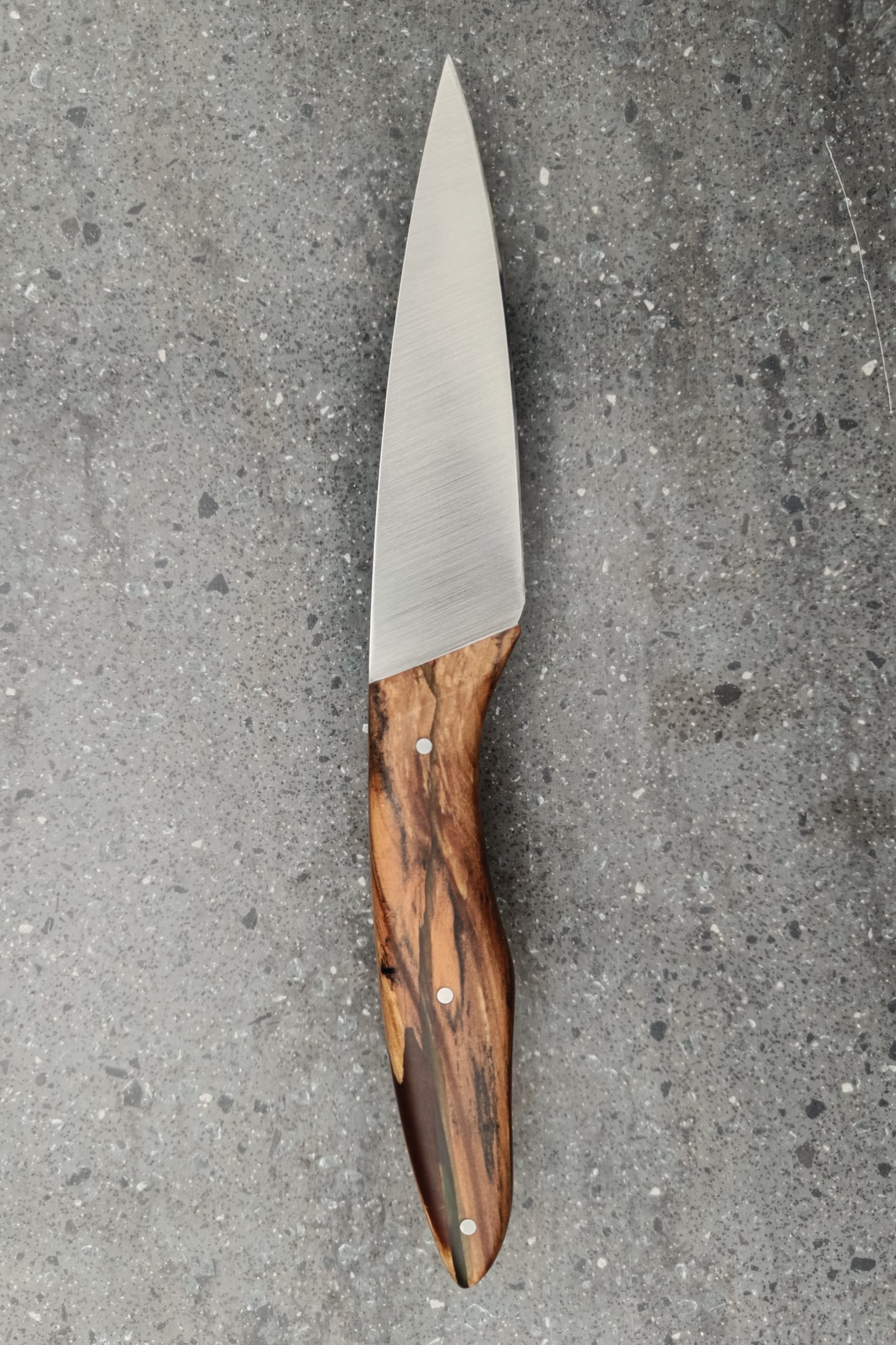 Vue verso couteau cuisine artisanal 25 cm cognassier stabilisé résine époxy verte ligne fine, fabrication française savoir-faire coutellerie