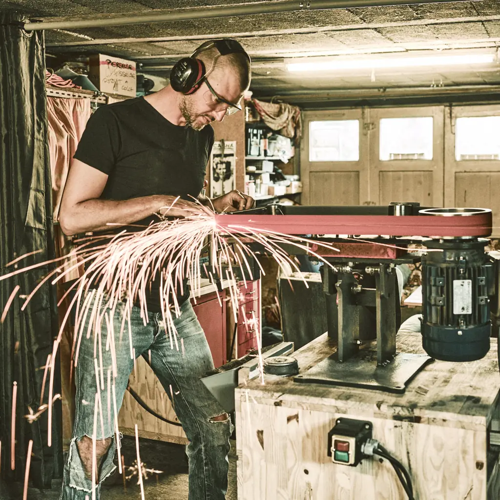 Coutelier artisanal en Savoie en train de poncer et mettre en forme un couteau de cuisine fait main
