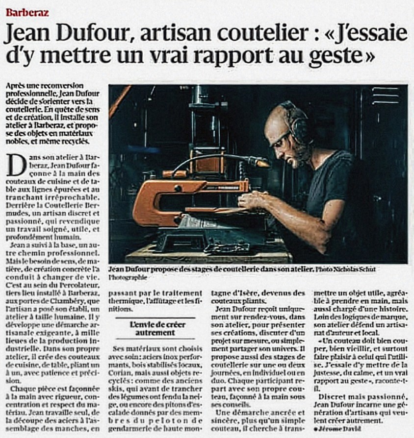 Article du Dauphiné Libéré sur Jean Dufour, artisan coutelier à Barberaz en Savoie
