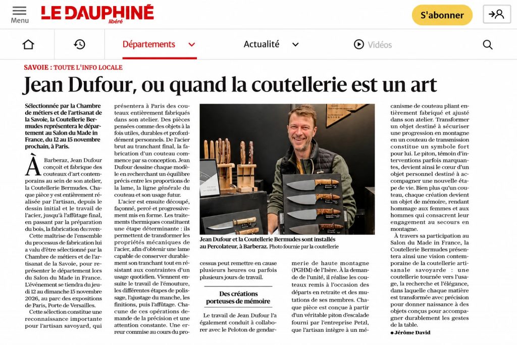 Article du Dauphiné Libéré sur Jean Dufour, artisan coutelier d’art en Savoie